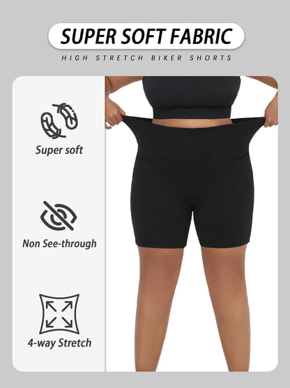 Plus Size High Waisted Biker Shorts For Women With Pockets Super Soft Tummy Control No See Through Workout Running Yoga Badiee Stylez
