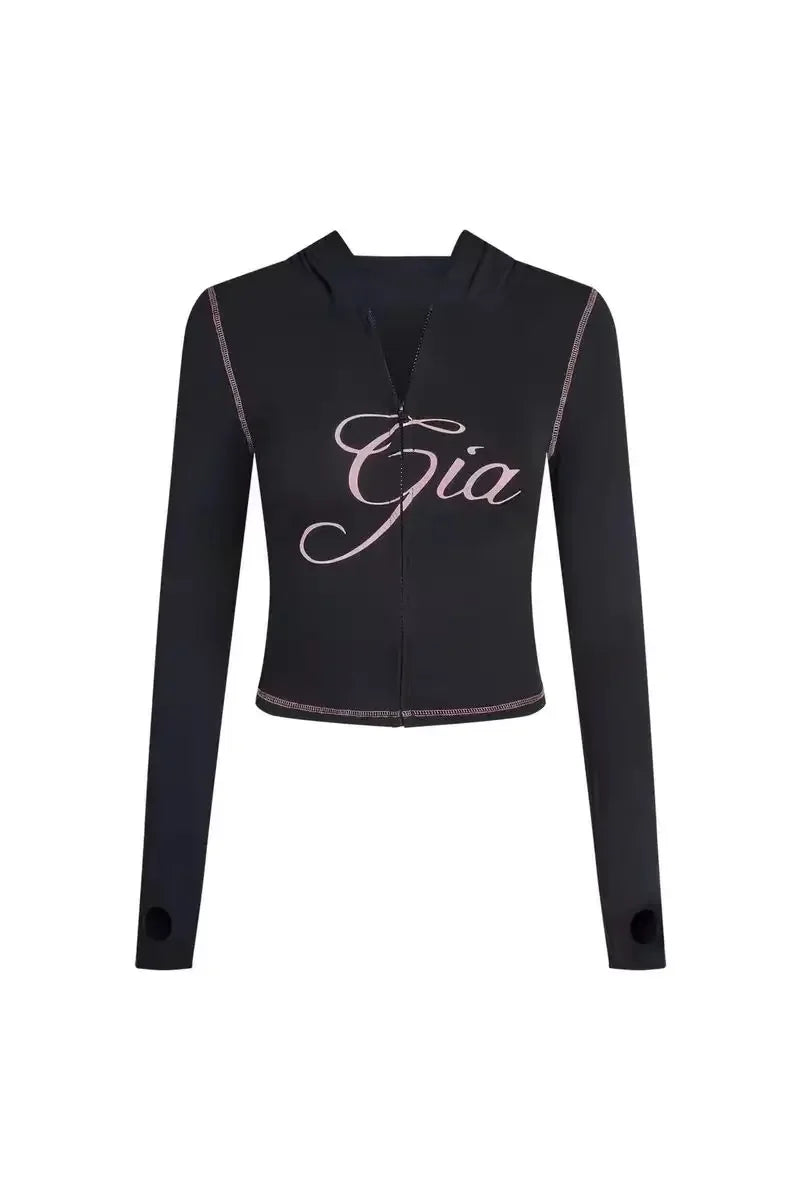 new shoulder letter printed open thread design slim fit hooded zipper short jacket shorts set black top