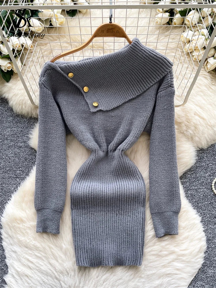SINGREINY Autumn Knitwear Bodycon Dress Diagonal Collar High Elastic Slim Fit Design Female Light Luxury Solid Sweater Dress grey One Size