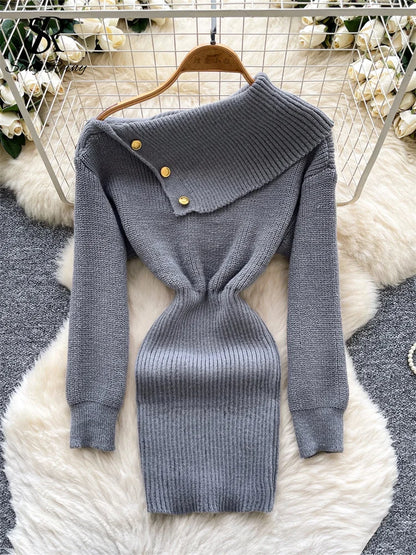 SINGREINY Autumn Knitwear Bodycon Dress Diagonal Collar High Elastic Slim Fit Design Female Light Luxury Solid Sweater Dress grey One Size