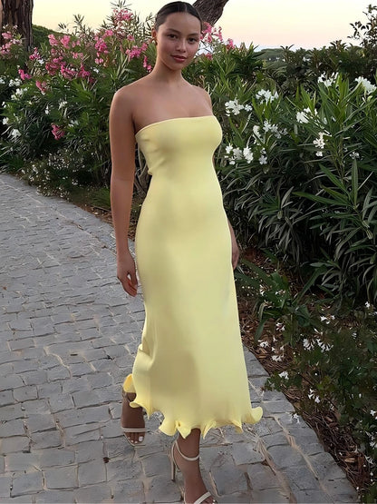 Dulzura Sleeveless Ruffles Patchwork Strapless Bodycon Midi Dress Women'S Solid Sexy Outfit Party Clubwear For Autumn Winter Yellow