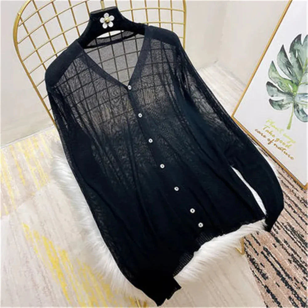 Spring Summer Comfortable Casual Blouses white knitted cardigan 2024 Women's Clothing Solid V-neck Elegant Fashion Button Loose black One Size
