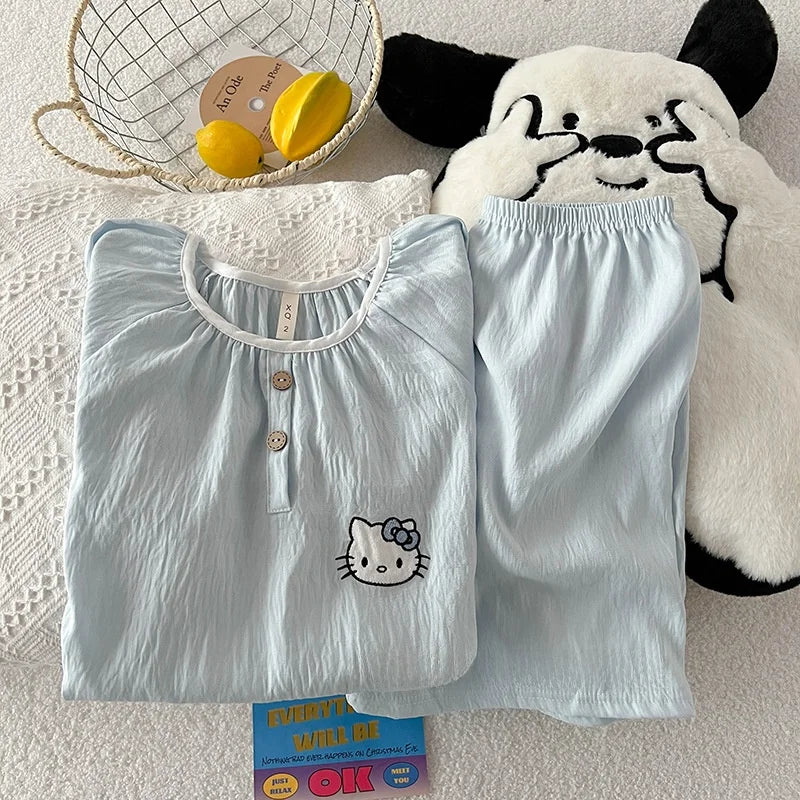 Summer New Cloud Cotton round Ne Button Sweet Cartoon Spwear Two-Piece Set Lightweight Comfortable Student Home Clothes