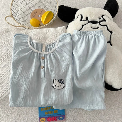 Summer New Cloud Cotton round Ne Button Sweet Cartoon Spwear Two-Piece Set Lightweight Comfortable Student Home Clothes