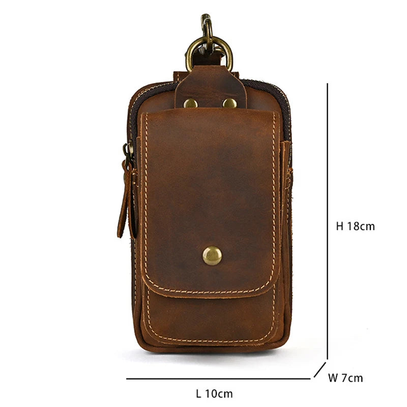 Hardware Clasp Waist Bags Men First Layer Genuine Leather Hang Bag Cowhide Wallets through the belt Zipper Retro Phone Purse
