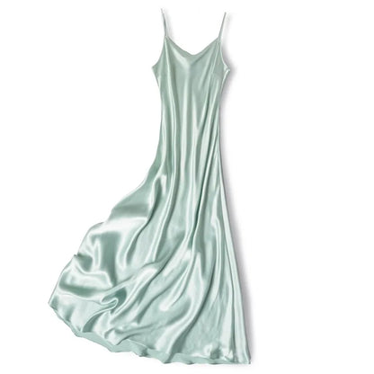 Small Heavyweight 21MM 100% Natural Mulberry Silk Plain Satin French V-neck Diagonal Cut Women's Sexy Solid Suspender Dress Badiee Stylez