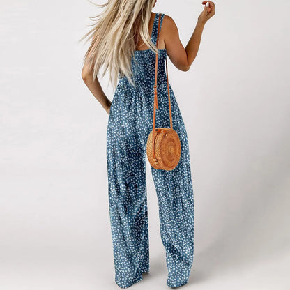 Women'S Suspender Jumpsuits Fashion Trend Pleated Shoulder Straps Printed Pocket Loose Wide Leg Jumpsuits Daily Casual All-Match
