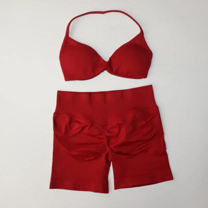 Impact Gym Set Women Two Piece Strappy Yoga Bra Top Workout Scrunch Shorts Suit Fitness Clothes Seamless Sportswear Workout Set Red