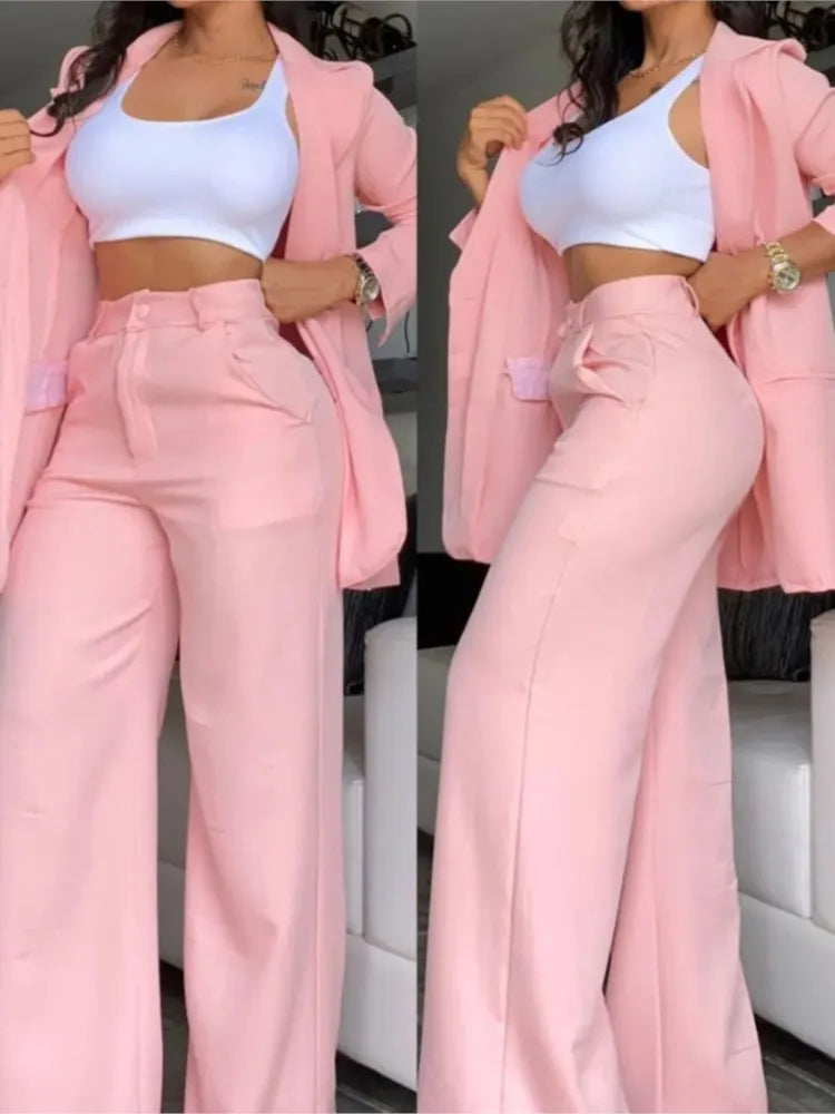 Woman Elegant Blazer Sets New Autumn Fashion Women's Notched Collar Coat + Pocket Design Pants Set Work Commuting Two Piece Suit