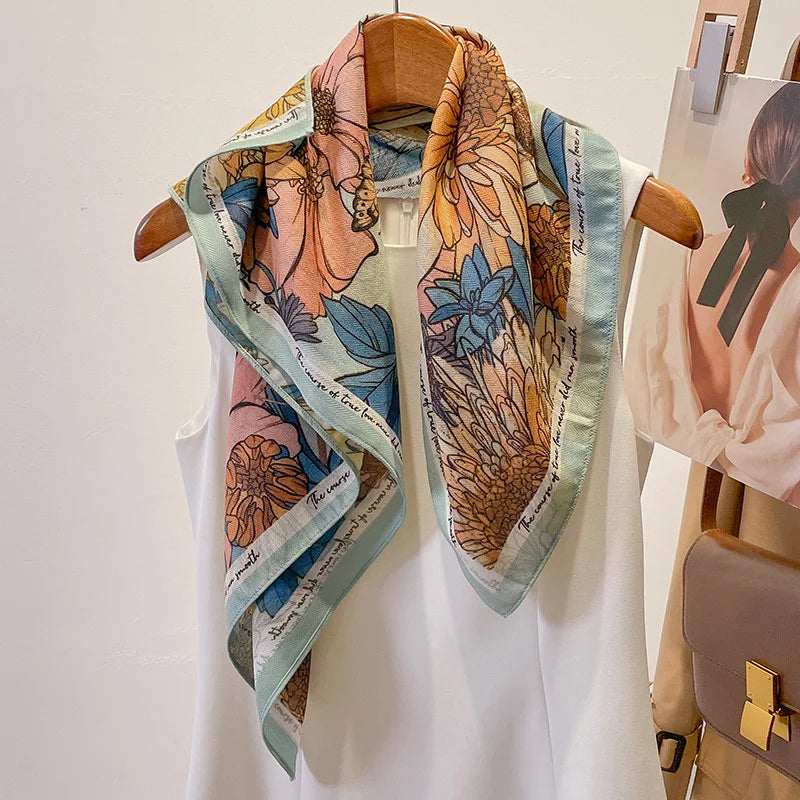 Fashion 70cm Cotton Square Scarf Women Floral Print Design Bandanas Lady Scarves Headband Accessories Handkerchief Hair