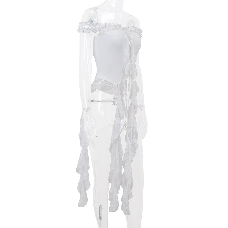 Hollow Out Lace Crop Top Women Sexy Off Shoulder Bodycon Bandage Slim Tank Tops Ladies 2024 Folds Lace-up T-shirts Femme