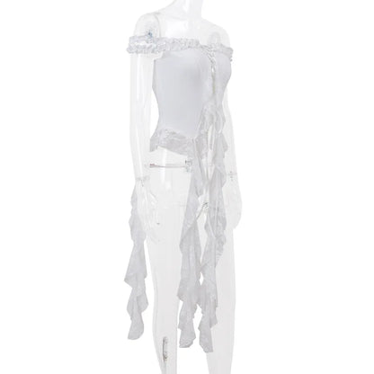 Hollow Out Lace Crop Top Women Sexy Off Shoulder Bodycon Bandage Slim Tank Tops Ladies 2024 Folds Lace-up T-shirts Femme