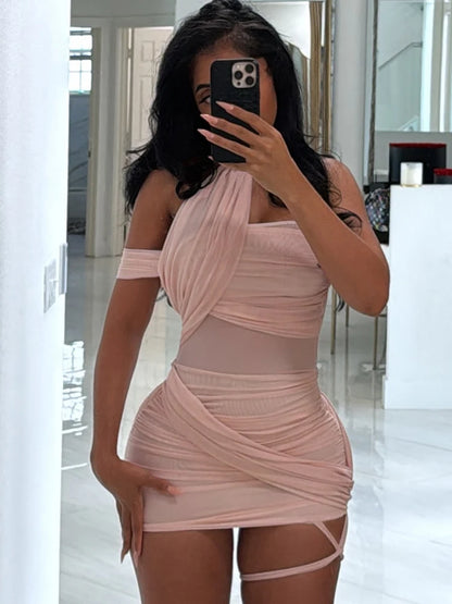 Weird Puss See Through Sexy Dress Women Y2K Cross Bandage Backless Halter Sleeveless Summer Trend Midnight Clubwear Mini Bodycon Pink