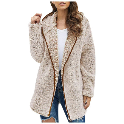 Autumn Winter Women Long Teddy Jacket Warm Thick Fleece Coat Turn Down Collar Plush Coat Woman Casual Long Sleeve Winter Clothes Dark Apricot