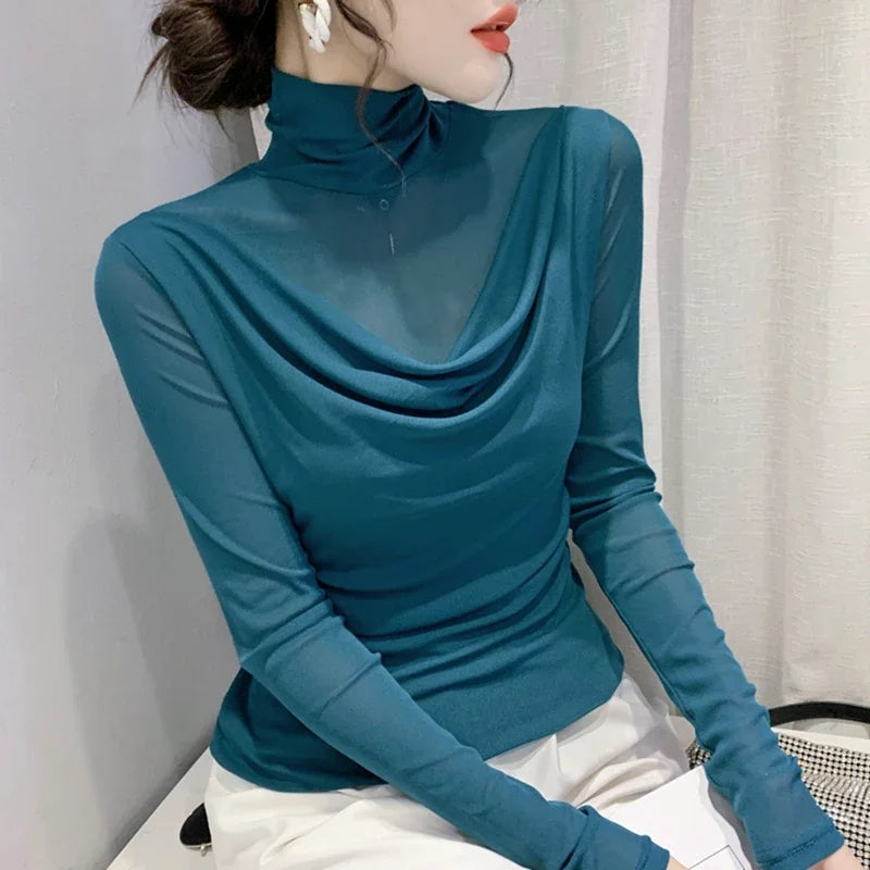Sexy Mesh Basic T-shirts Women 2025 Fashion Turtleneck Casual Long Sleeve Y2k Tops Korean Clothes Woman Black Winter T Shirt 4XL