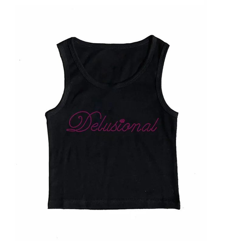Vintage Punk Rhinestone Letter Gothic Sleeveless Streetwear Short Sleeve Sexy T Shirt Y2k Style Crop Tank Top Women Summer Camis Orange