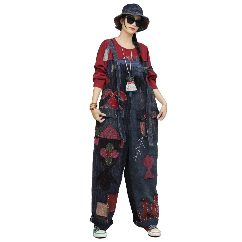 Hand Embroidery Old Cloth Patchwork Wide Leg Strap Long Pants Women Autumn Loose High Waist Jumpsuit LX4343 Badiee Stylez