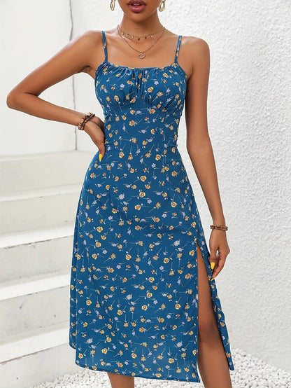 2024 Summer Sexy Spaghetti Straps Dress Women Fashion Polka Dot Print Sleeveless Slit Dress Boho Casual Beach Midi Dresses Badiee Stylez