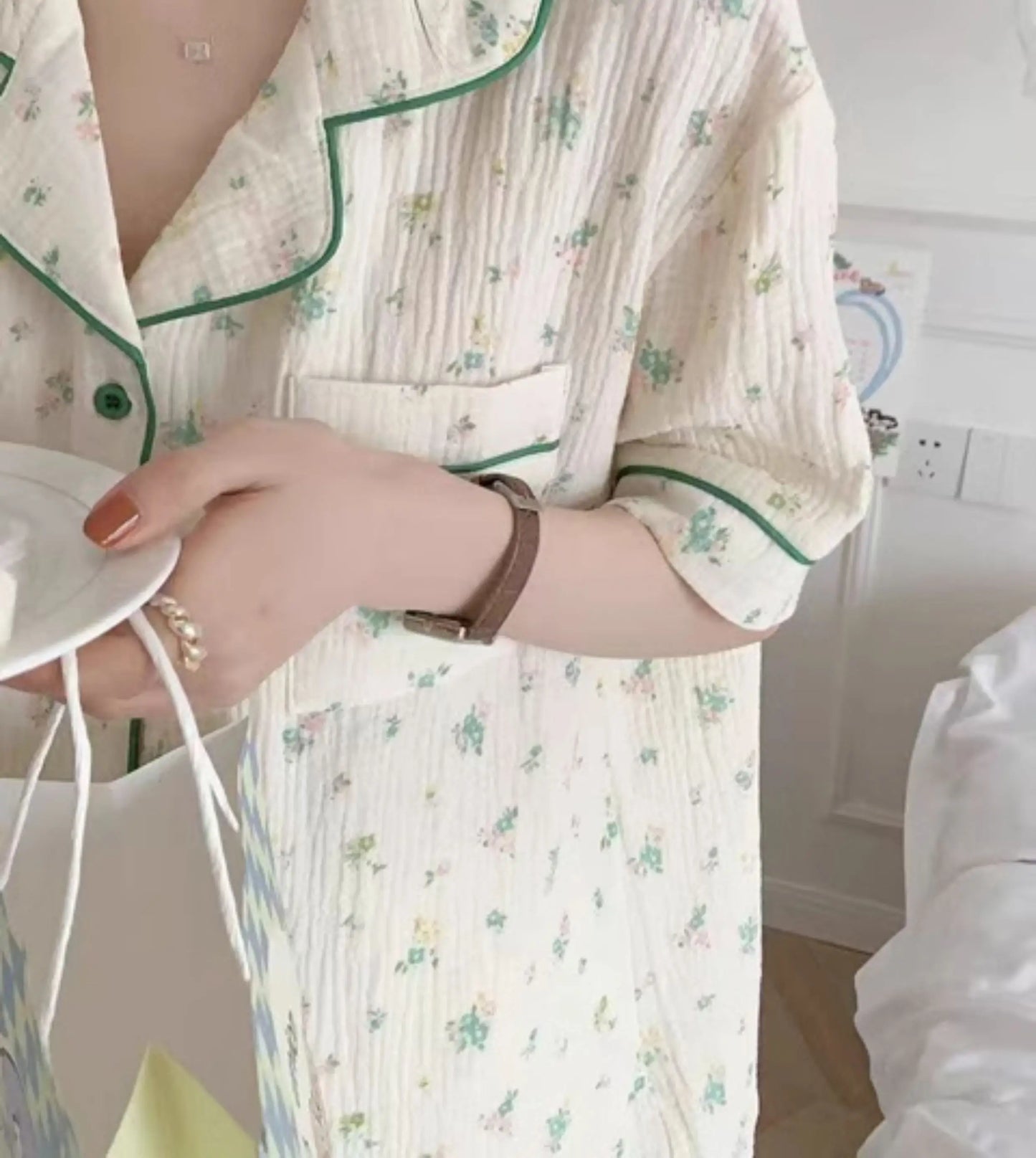 Cute Girl's Summer Cotton Linen ort Sve Nightgown Home Clothes Set Bear Print Gauze Spwear Simple Home Sle