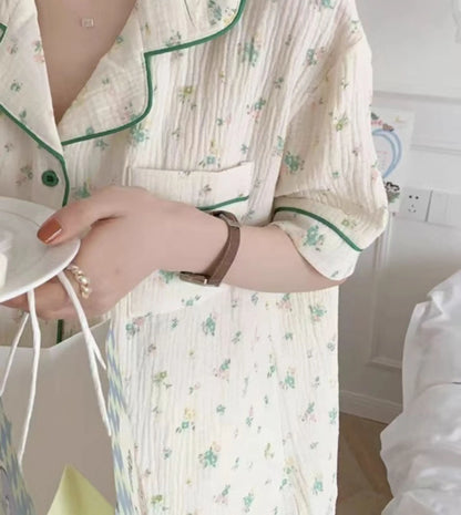 Cute Girl's Summer Cotton Linen ort Sve Nightgown Home Clothes Set Bear Print Gauze Spwear Simple Home Sle