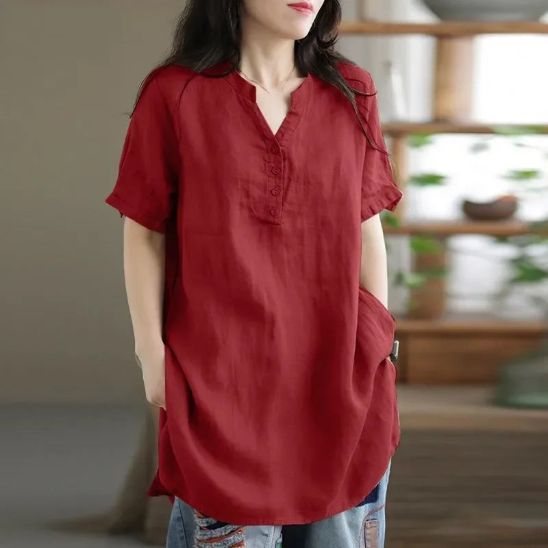 2024 Summer Fashion Cotton and Hemp Women's Shirt Commuting Style Casual Half Open Short Sleeve Casual Shirt Top