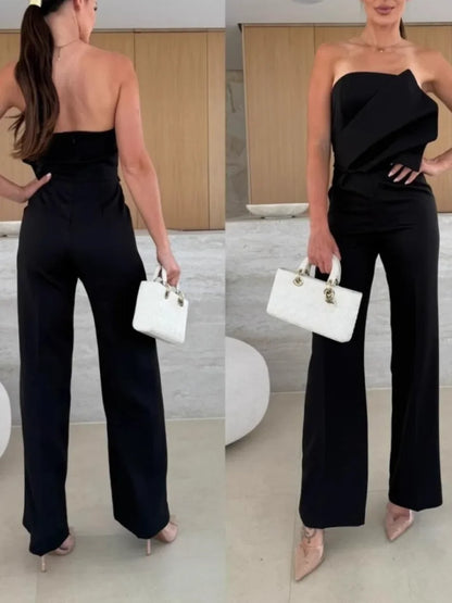 Women's Jumpsuits 2025 New in Summer Fashion Casual Office Lady Solid Color Tight Low Back High-waisted Wide-leg Jumpsuit Badiee Stylez