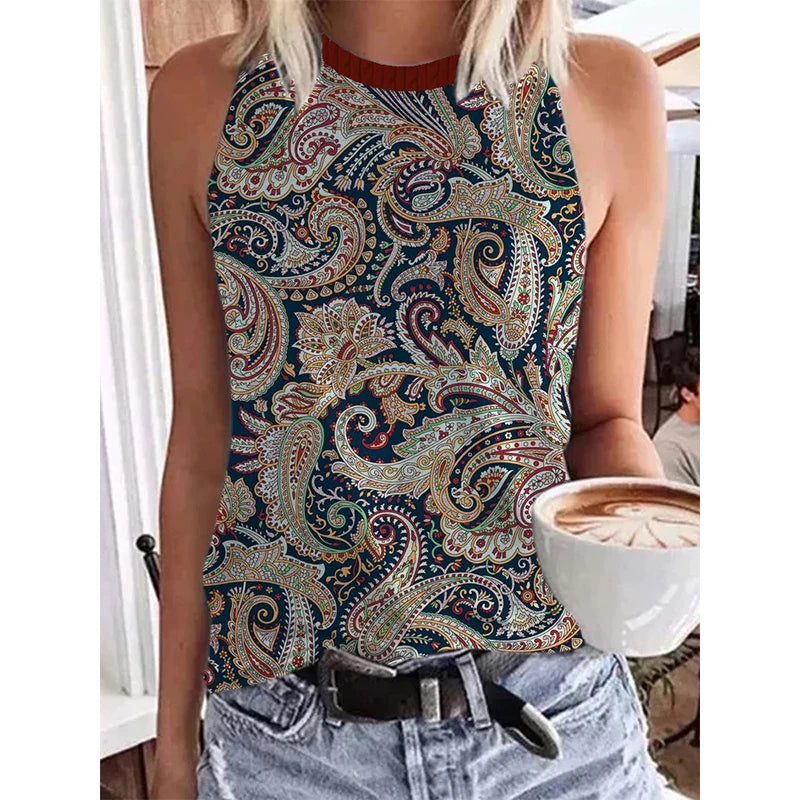 Ethnic Style Paisley 3D Print Tank Tops Women Retro Streetwear Y2k Oversized O-Neck Vest Off Shoulder Sleeveless Woman Camisole FKF66F202314146