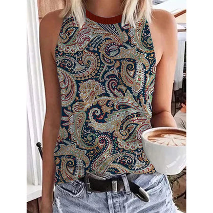 Ethnic Style Paisley 3D Print Tank Tops Women Retro Streetwear Y2k Oversized O-Neck Vest Off Shoulder Sleeveless Woman Camisole FKF66F202314146