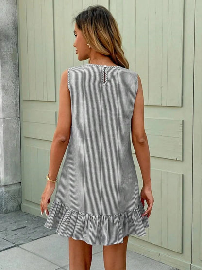 Summer casual and fashionable new cotton linen sleeveless ruffle edge dress