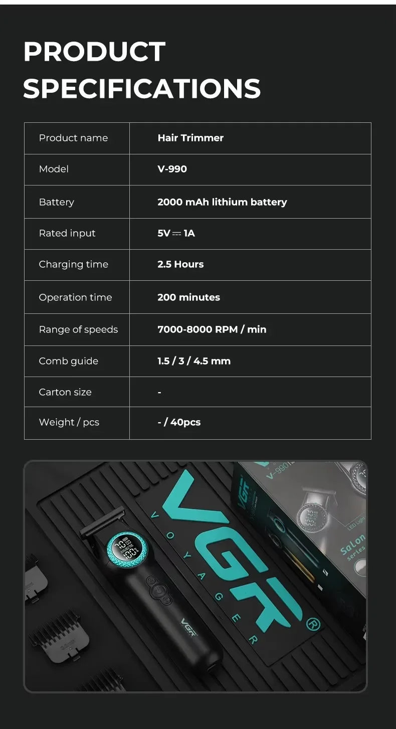 VGR Hair Clipper Professional Hair Trimmer 8000 RPM Hair Cutting Machine Electric Haircut Machine Cordless Clipper for Men V-990