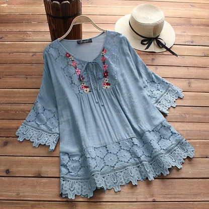 Summer Women Casual Solid Tops Shirt Cotton And Linen Stitching Lace Flower V-neck Loose Top Blouse New Elegant Holiday Shirts
