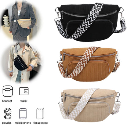 Corduroy Chest Bag Fashion Fanny Pack Wide Guitar Strap Casual Waist Bag Multi-pockets Hobo Sling Bag Outdoor Travel Bag