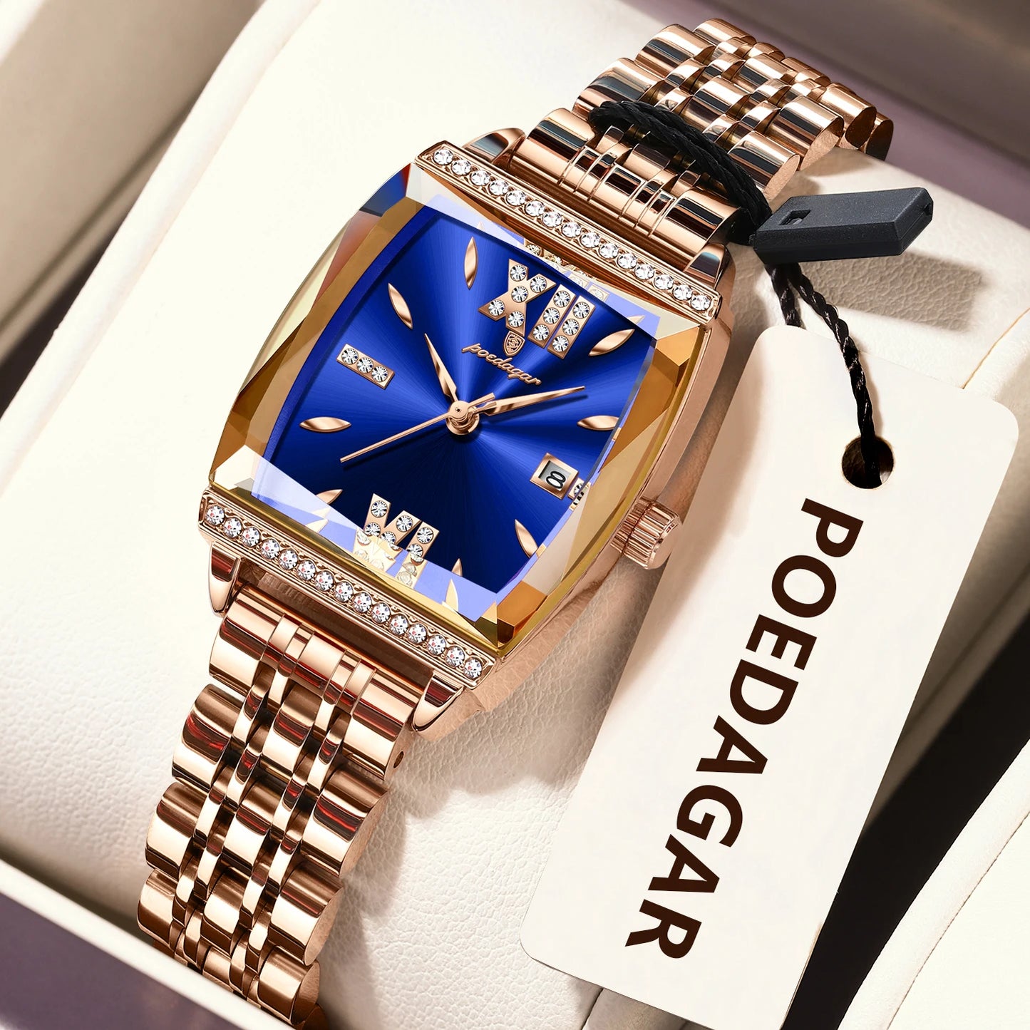 POEDAGAR Diamond Luxury Watch For Woman High Quality Waterproof Date Ladies Quartz Watch Stainless Steel Women Watches Reloj+Box 795 RoseGold Blue