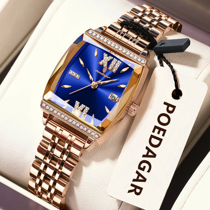 POEDAGAR Diamond Luxury Watch For Woman High Quality Waterproof Date Ladies Quartz Watch Stainless Steel Women Watches Reloj+Box 795 RoseGold Blue