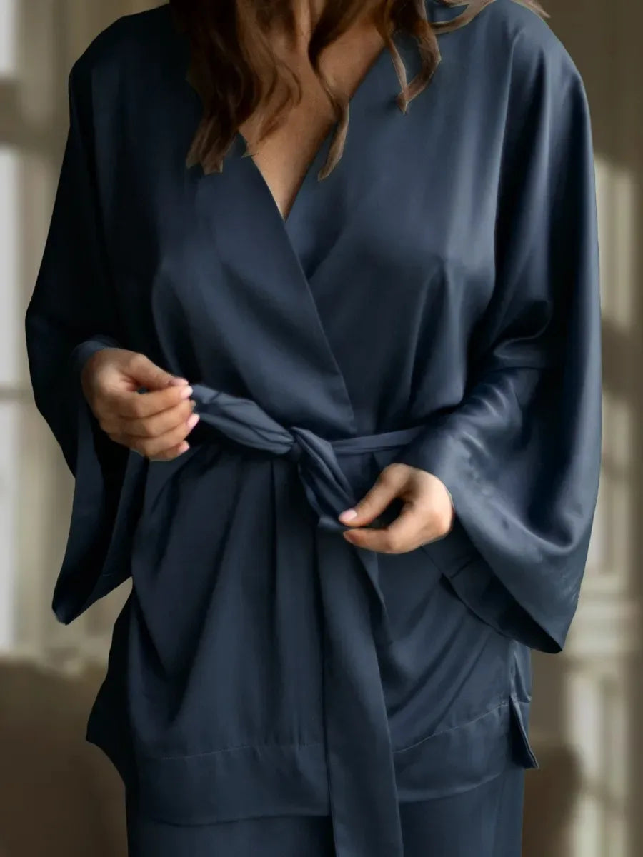 Mozuleva Solid Color Long Sleeved Pants Pajama 2-Piece Set Women's Autumn Winter Lace Up Nightgown Comfortable Home Clothing