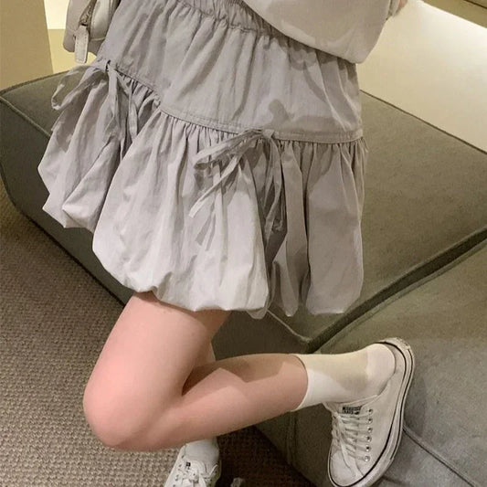 Sweet Bowknot A Line Skirts for Women 2025 Korean Style Pleated Cake Short Skirts Woman Summer Solid Color High Waist Mini Skirt