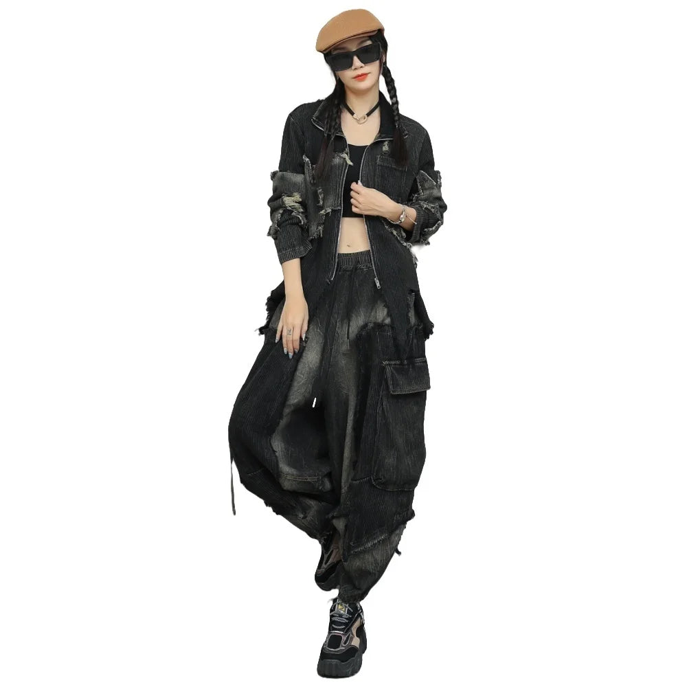 Trendy Cool Pant Set Women Autumn Vintage Denim Patchwork Long Sleeve Irregular Jacket + Harem Pants Two-Piece Set LX4331 Badiee Stylez