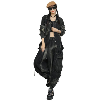 Trendy Cool Pant Set Women Autumn Vintage Denim Patchwork Long Sleeve Irregular Jacket + Harem Pants Two-Piece Set LX4331 Badiee Stylez