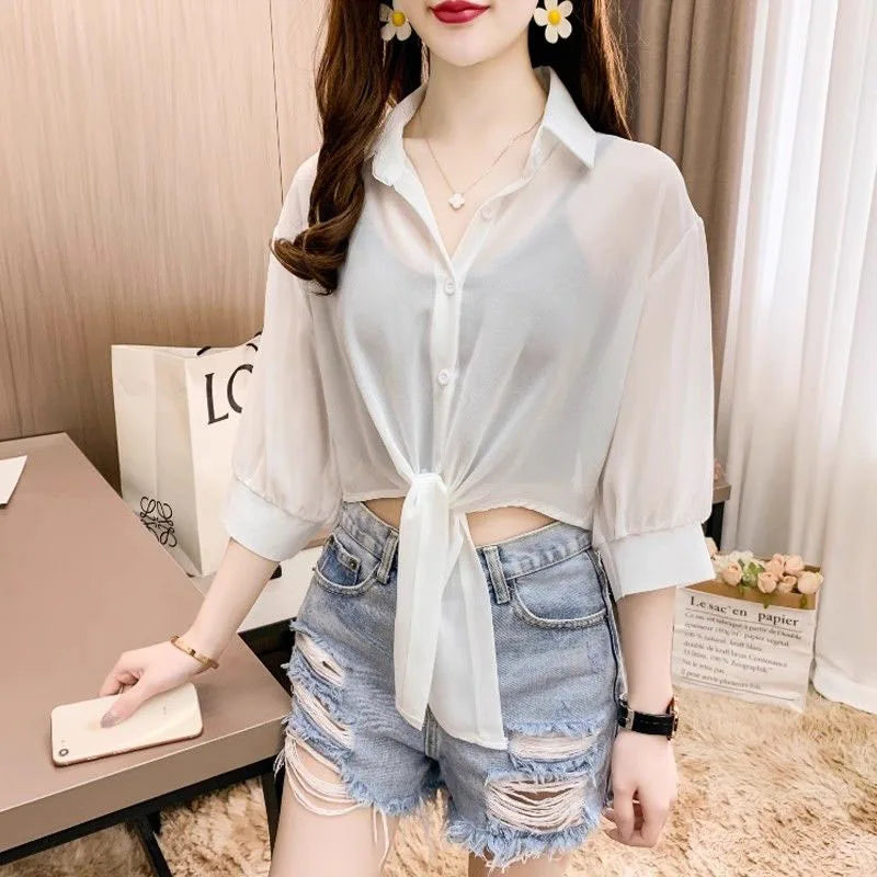 Xpqbb Summer Sun Protection Shirts Ladies Solid Color Tied Waist Half Sleeve Button Blouse Women Casual Loose Chiffon Shirt