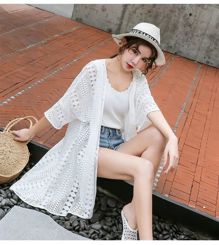 Women's Lace Cardigan Plaid Hollowed Out Long Shawl Summer