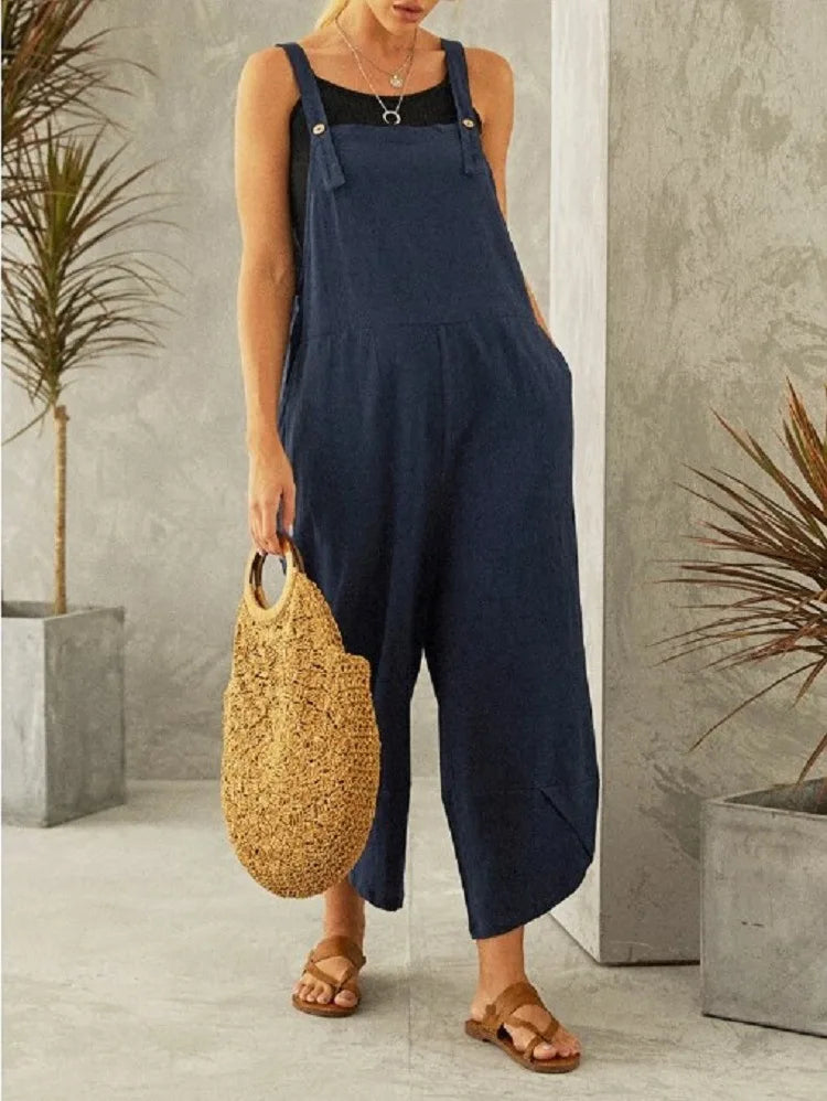 Women Loose Wide Leg Overalls Summer Adjustable Solid Color Cotton Linen Baggy Full Trousers Female Jumpsuits Oversized