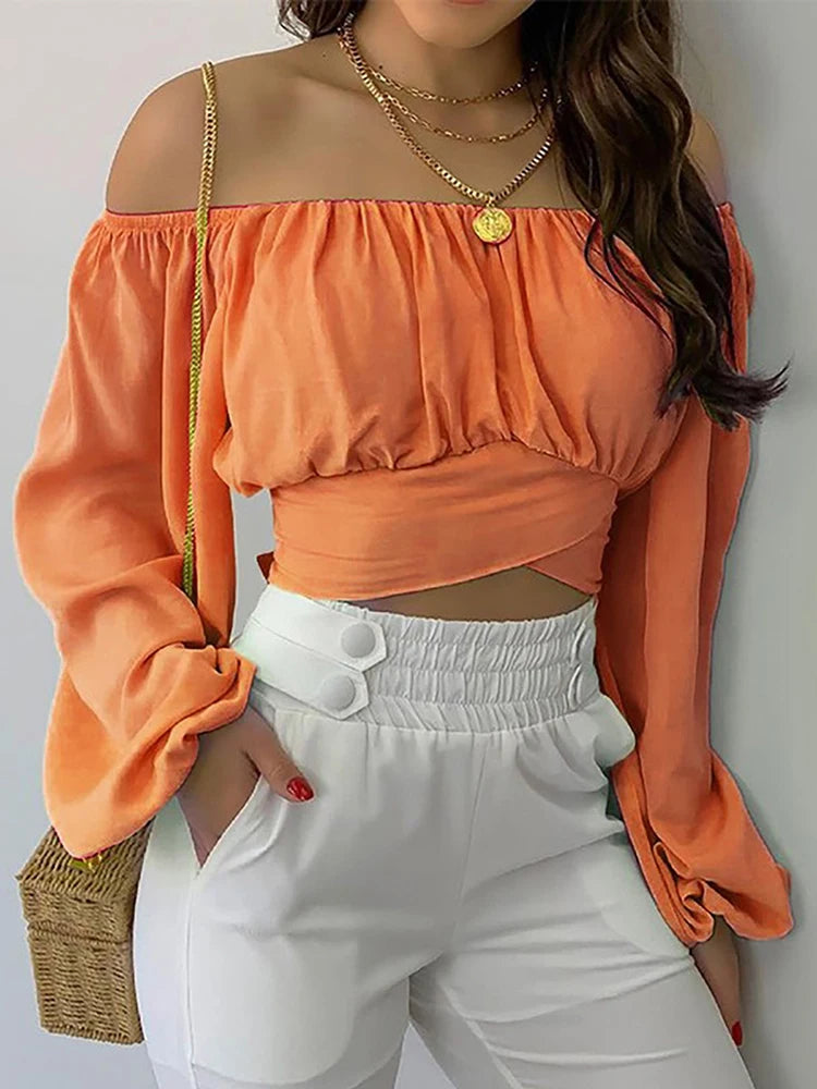 Women Sexy Off Shoulder Printing Blouses Chic and Elegant Lantern Long Sleeve Lace Up Bow Cropped Tops Casual Slim Shirts 2023 Orange