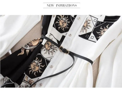 Print Vintage A-Line With Belt Loose Polo Neck Women's Dress Single-Breasted Knee Length Dresses For Women Clothing 2024 Fashion