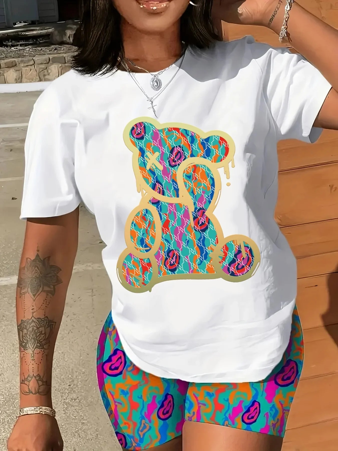 Plus Size Women's Cartoon Rabbit Print T-shirt, Casual Crew Neck Short Sleeve Summer T-shirt, Ladies Cute O-Neck Clothing T1223-024