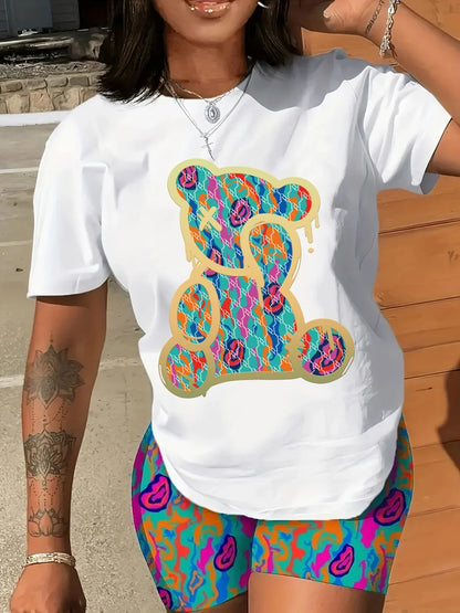 Plus Size Women's Cartoon Rabbit Print T-shirt, Casual Crew Neck Short Sleeve Summer T-shirt, Ladies Cute O-Neck Clothing T1223-024