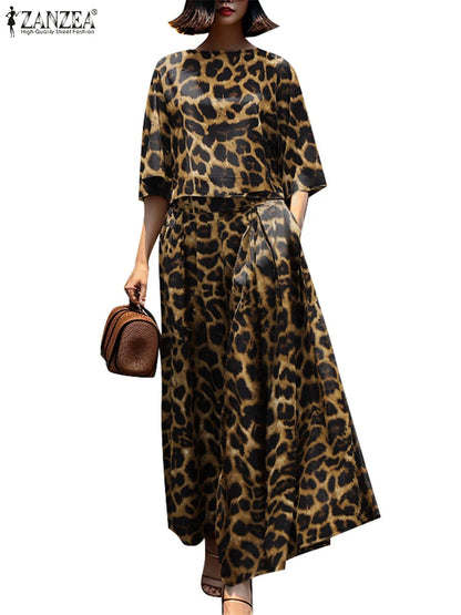 2PCS Vintage Women Matching Sets Leopard Print Tracksuits Autumn Trousers Suit ZANZEA Casual O Neck 3/4 Sleeve Blouse Pant Sets Badiee Stylez