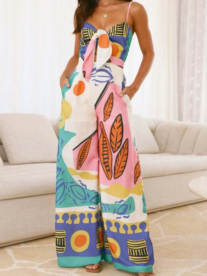 Jumpsuits for Woman Summer New Elegant Print Sleeveless Sling Tie A Knot Jumpsuits Fashionable Casual Loose Wide Leg Jumpsuit Blue