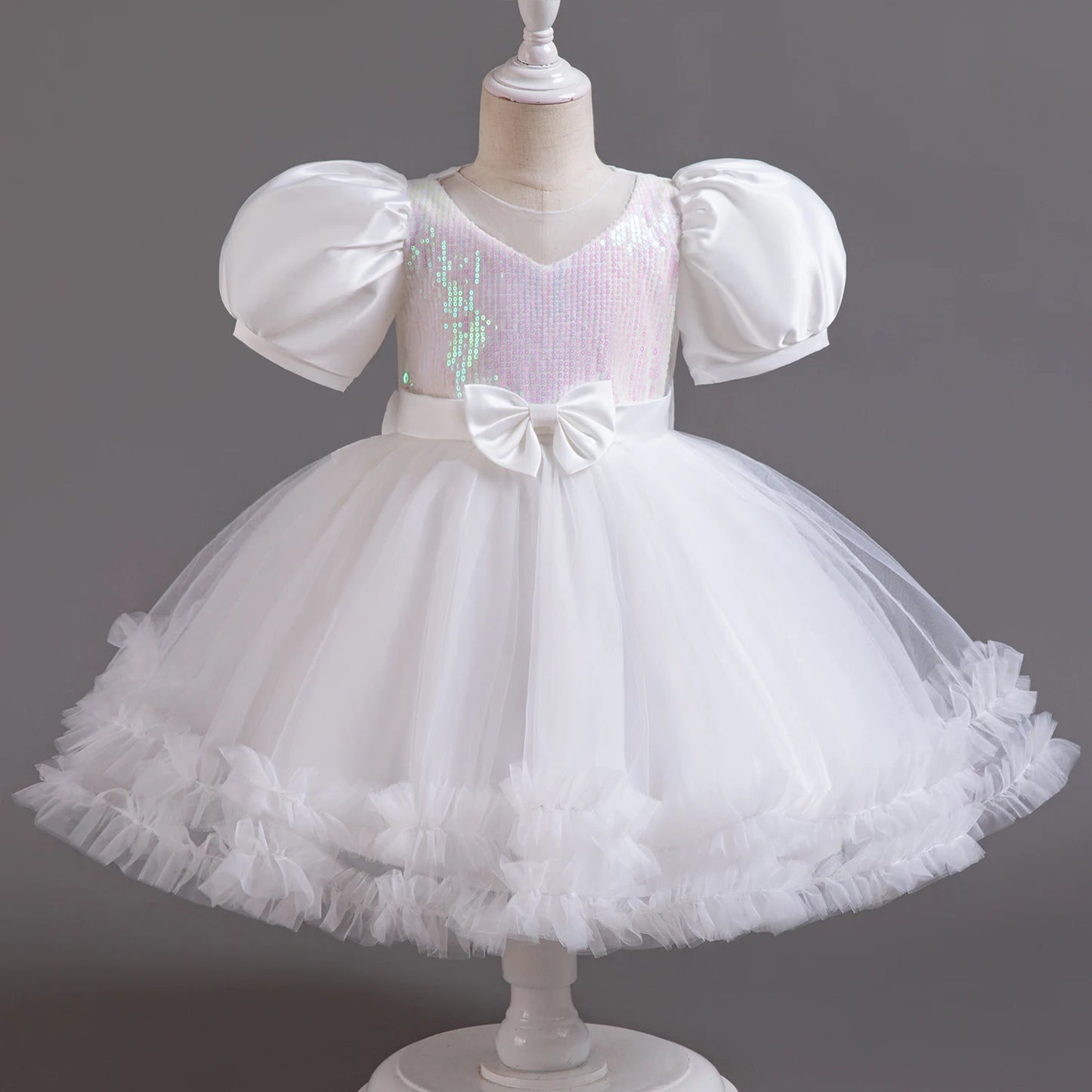 Fancy 12M Baby Sequins Tutu Gown Girl Sequin Bow 1st Birthday Princess Dress Flower Girl Costume for Wedding Party Summer Cloth White 02