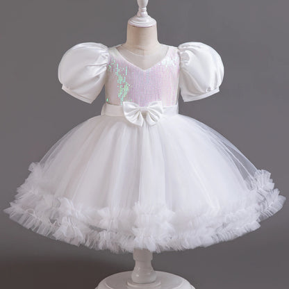 Fancy 12M Baby Sequins Tutu Gown Girl Sequin Bow 1st Birthday Princess Dress Flower Girl Costume for Wedding Party Summer Cloth White 02
