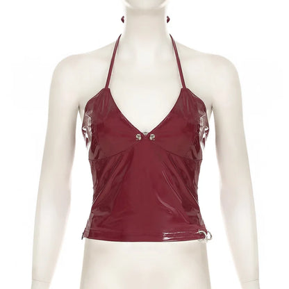 New y2k Solid Metal Button Women’s Halter Tops Sleeveless Pu Leather Punk Baddie Slim Women Blouses Streetwear Clothing Crop Top